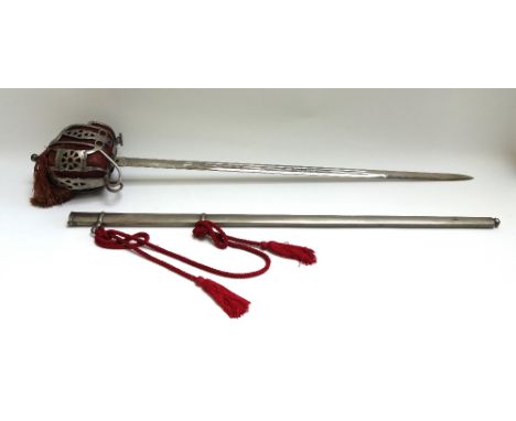 A Scottish parade sword with double edged engraved steel blade, (79cm), steel basket hilt and liner and wire bound leather gr