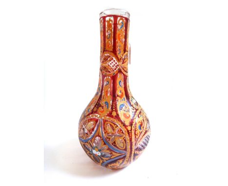 A Bohemian clear and ruby flashed glass hookah base for the Turkish market, late 19th century, of bottle form, cut with diamo