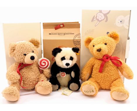 Steiff teddy bear trio including: (1) Panda ted, yellow tag 010620, plush, chest tag, swing label, within Good Plus box, 10"/