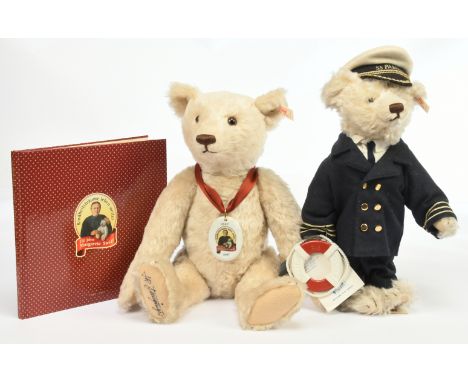 Steiff pair of teddy bears and a book: (1) Steiff SS Passat teddy bear, special edition for Morgenroth, Luebeck, white tag 65
