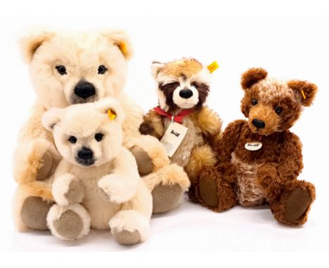 Steiff group including: (1) Moritz, yellow tag 027536, mohair, chest tag, swing label, 12"/31cm; (2) Rocco, yellow tag 045547