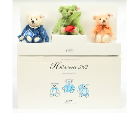 Steiff Teddy Bear Set Holland 2002, Netherlands Exclusive, white tag 660672, LE 1500, comprising three mohair bears in orange