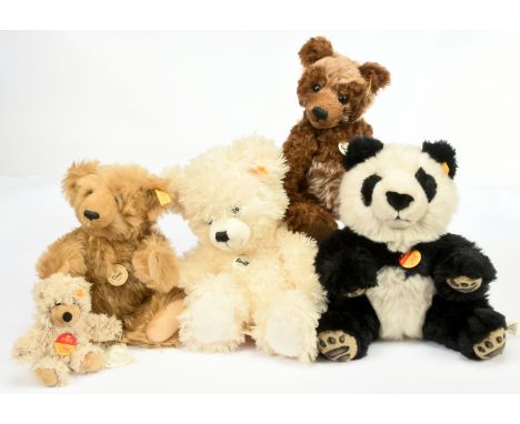 Steiff collection of five mohair and plush modern yellow label teddy bears, includes: Manschli Panda 064258 plush; Moritz 027