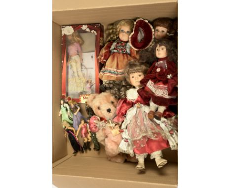 Teddy Hermann mohair bear, Lord of the Rings figures, modern bisque dolls; plus others; all would benefit from cleaning; MOTH