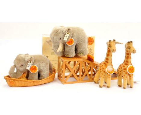 Steiff Noah's Ark pair of sets, including elephants and giraffes: (1) elephant set, 1992 to 1997, white tag 038303, LE 8000, 