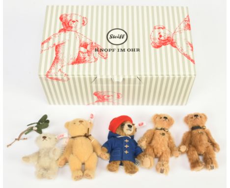 Steiff and Teddy Hermann Original miniature mohair teddy bears x five: (1) Paddington Set (Aunt Lucy is missing), white tag 6