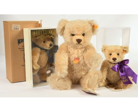 Steiff pair of teddy bears and a Merrythought bear: (1) Steiff Classic teddy bear, yellow tag 005145, mohair, with chest tag 
