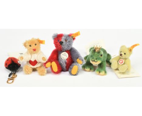 Steiff collection of five mohair miniature bears and animals: (1) Steiff Classic Key Chain miniature blonde heart teddy bear,