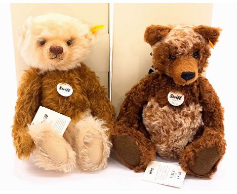 Steiff teddy bear pair including: (1) Classic Latte Macchiato, yellow tag 001017, mohair, swing tags (detached but present), 