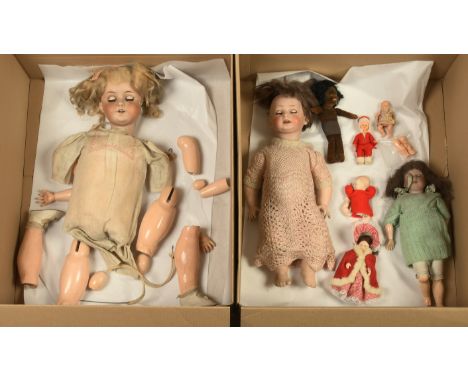 Antique and vintage dolls and white work clothing, etc includes: Gebruder Ohlhaver Revalo child bisque doll, German, c.1912, 