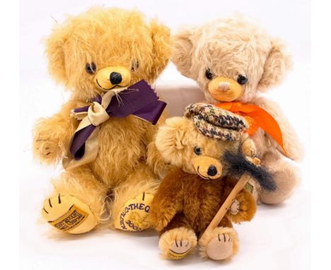 Merrythought Cheeky Bear trio including: (1) Golden Jubilee, mohair, MISSING swing labels, 10"/26cm; (2) Cheeky Bear, exclusi