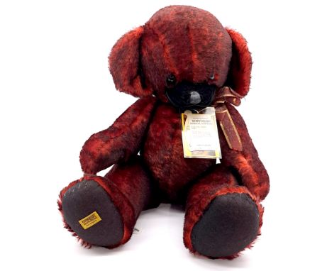 Merrythought large Fire Silk Cheeky Bear, LE 87/250, mohair, swing label certificate, fading to right pad and foxing to ribbo