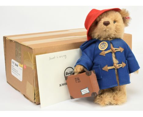 Steiff Paddington Bear 60th Anniversary teddy bear, white tag 690495, LE 1958, 2018, mohair, carrying suitcase, with swing la