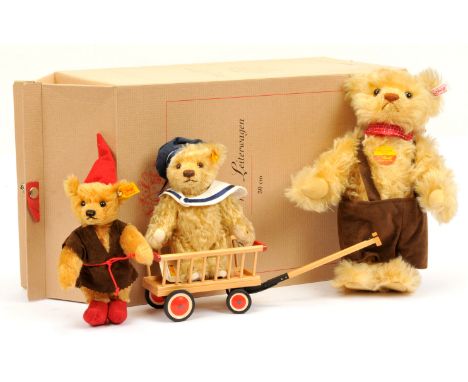 Steiff trio of teddy bears: (1) Teddy bear with Wagon, German exclusive 2002, white tag 671166, LE 2000, mohair, with wooden 