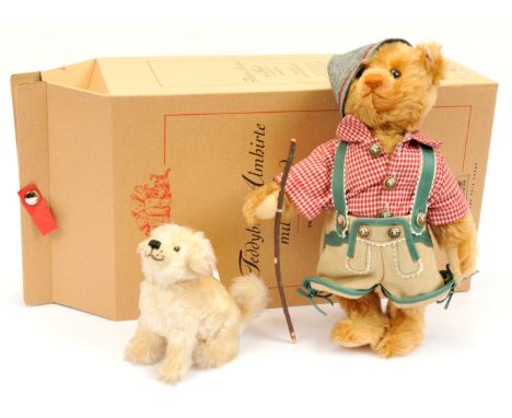 Steiff Alpine Herdsman with dog, German exclusive, white tag 671241, LE 1500, 2003, mohair bear, 12"/30cm and mohair seated d