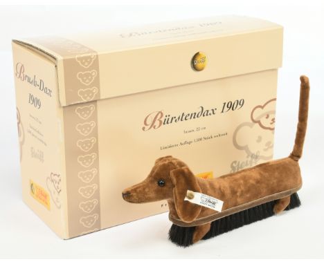 Steiff Dachshund Brush-Dax 1909 replica, white tag 400360, LE 1500, brown velvet, Excellent Plus to Near Mint, within Excelle