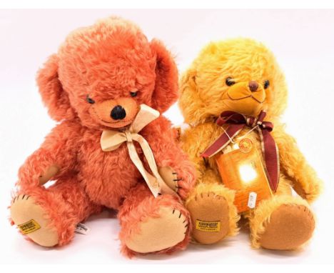 Merrythought Cheeky Bear pair including: (1) Coral Blush Cheeky, LE 259/500, mohair, swing label certificate, 17"/43cm; (2) G
