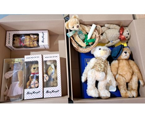 Merrythought teddy bear group including: Brinn; Buckingham; Mr &amp; Mrs Twisty bear, Tweedie; mohair, most are boxed, Good t