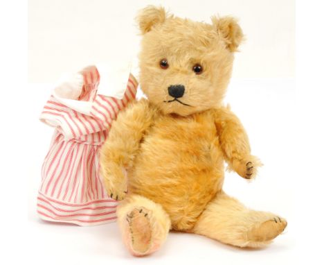 Chiltern vintage Hugmee teddy bear, 1950s/1960s, mohair, glass eyes, wear to pads, areas of balding/thinning mohair, discolou