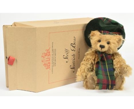 Steiff The First Scottish Bear, white tag 654732, mohair bear, wearing green velvet and Scottish Parliament tartan Tam O'Shan