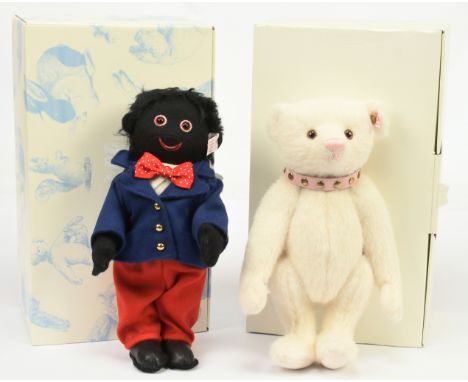 Steiff teddy bear and a golly: (1) Steiff Danbury Mint Jill, white alpaca bear, white tag 662683, LE to year 2007, wearing pi