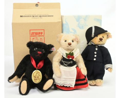 Steiff trio of teddy bears: (1) Traditional Costume teddy bear Liesel, white tag 657184, LE 1500, 2010, mohair, Excellent Plu