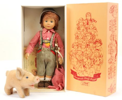 Steiff Lucky Hans vinyl doll with mohair pig, LE 73/500, 1992, with certificate, chest tag, very dusty, doll not removed from