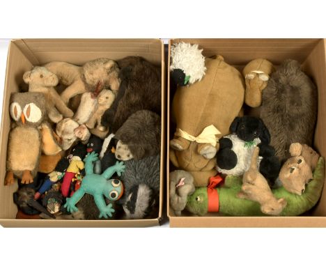 Vintage soft toys group including: Steiff owl, Steiff Squirrel, Kermit the Frog, Disney Fantasia plus others; would benefit f