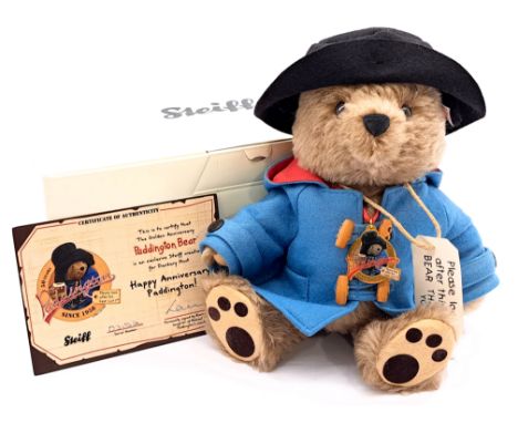Steiff Danbury Mint Paddington Bear, Golden Anniversary, white tag 662010, LE to the year 2008, mohair, wearing 18ct plated 5