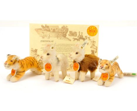 Steiff Noah's Ark pair of sets including llamas and tigers: (1) Llama set 1995-96, white tag 038501, LE 8000, missing certifi