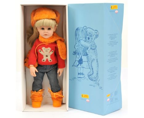 Steiff by Gotz vinyl doll, button in left ear, bracelet with tag, white clothing is discoloured, otherwise Excellent, missing