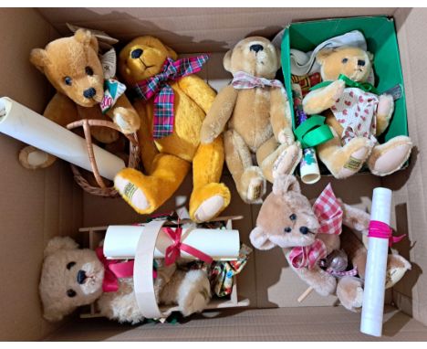 Merrythought teddy bear group including: (1) Poppy, certificate; (2) Toffee Apple, certificate; (3) Strawberry Tea, certifica