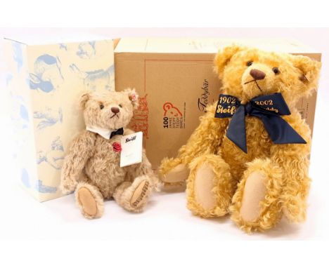Steiff teddy bear pair including: (1) Centenary teddy bear, white tag 670985, LE to year- 2002, mohair, MISSING certificate, 