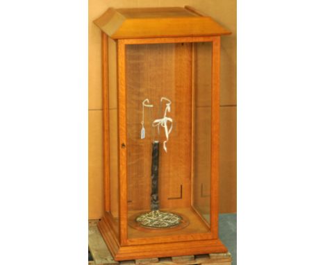 Wooden and glass large hand-made display case (originally made for doll within lot 581). Opens at front, includes a doll stan