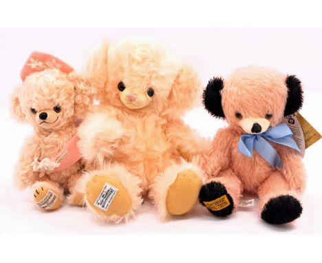 Merrythought Cheeky Bear trio including: (1) Cheeky bear, exclusively for Teddy Bears of Witney, mohair, pink sash and crown,