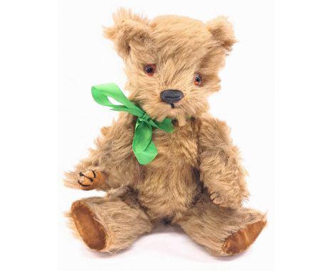 Chiltern Hugmee teddy bear, mohair, card lined feet, dog nose, fully jointed, claw stitching, would benefit from cleaning oth