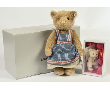 Steiff teddy bears pair: (1) Steiff Pauline teddy bear, white tag 021268, LE 586/1500, mohair, wearing an exact copy of the p