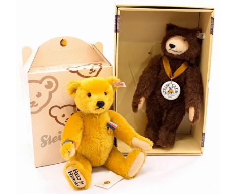 Steiff teddy bear pair including: (1) Club Edition Dicky replica 1935 teddy bear, 1996, white tag 420078, LE, mohair, ceramic