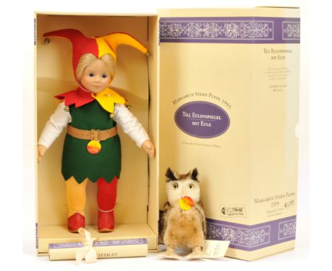 Steiff Till Jester doll with mohair owl, white tag 701184, LE 60/600, 1995, Excellent to Excellent Plus, with numbered certif