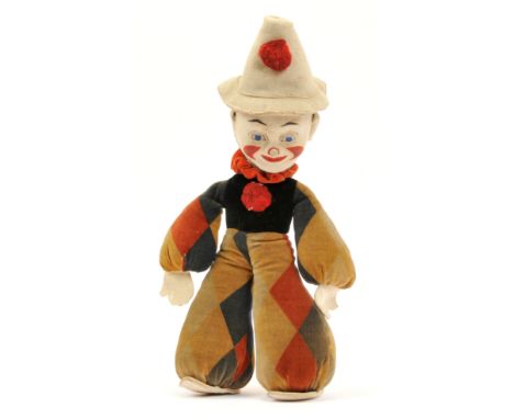 Merrythought velveteen vintage clown, 1936-1938, white embroidered label to sole of right foot, pressed felt face, painted fe