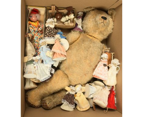 Mixed lot including: Pelham Puppet Tuff, Pelham Puppet Clown, vintage mohair teddy bear, thinning/balding to mohair, replacem