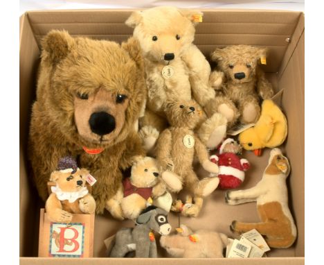 Steiff group including: Jack in the Box, white tag 037818, mohair teddy bear seated within box, 9"/23cm; Classic Pooh 70th An