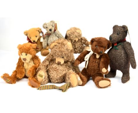 Merrythought collection of mohair limited edition teddy bears, includes: Baby Baggy Nutmeg x 2; Bodger; Blunder; etc; tobacco