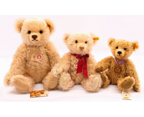 Steiff teddy bear trio including: (1) Classic bear, yellow tag 005145, mohair, chest tag, swing labels, 16.5"/42cm; (2) Class