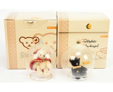 Steiff Karstadt pair of miniature mohair teddy bears, each within glass Christmas bauble: (1) white tag 656231, LE 1500, blue