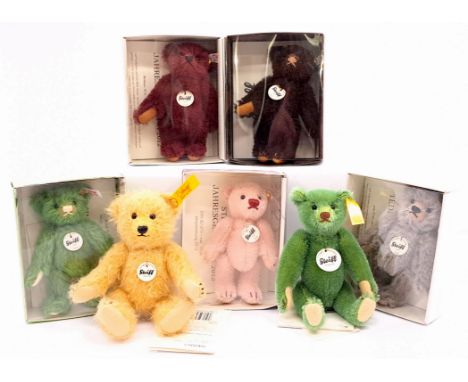 Steiff miniature teddy bear group including: (1) Classic bear, yellow tag 040061, mohair, chest tag, swing label, 5"/13cm; (2