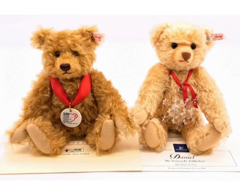 Steiff teddy bear pair including: (1) Daniel The Swarovski Bear, white tag 667718, mohair teddy bear with Swarovski Crystal B