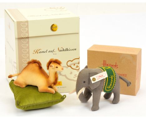 Steiff miniature pair: (1) Steiff Camel on a Pin Cushion 1904 replica, white tag 420474, certificate, Near Mint to Mint, with