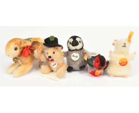 Steiff five miniature mohair bears and animals, including: (1) Historic Miniatures brown Rabbit, 1948 Replica, yellow tag 032