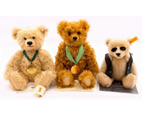 Steiff/Danbury Mint teddy bear trio including: (1) The Button in Ear Bear, white tag 661488, limited to the year 2004, mohair